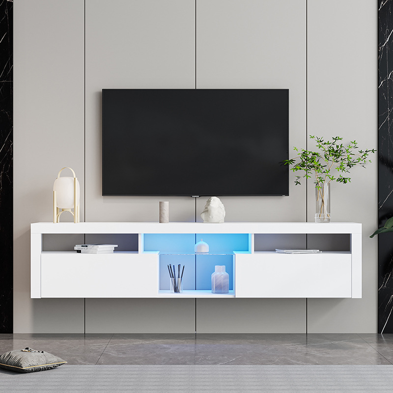 Suspensión blanca colgando gabinete de TV moderno minimalista sala de estar pequeño apartamento montado en la pared gabinete de TV