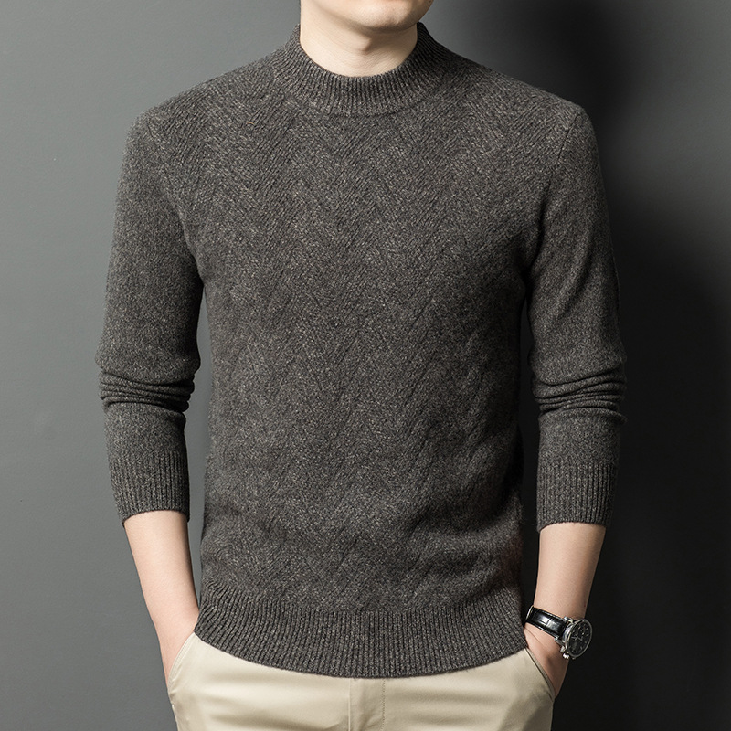 2024 겨울 새로운 젊은 및 중년 남성 유행 캐주얼 라운드 넥 두꺼운 따뜻한 순수 양모 니트 베이스 셔츠