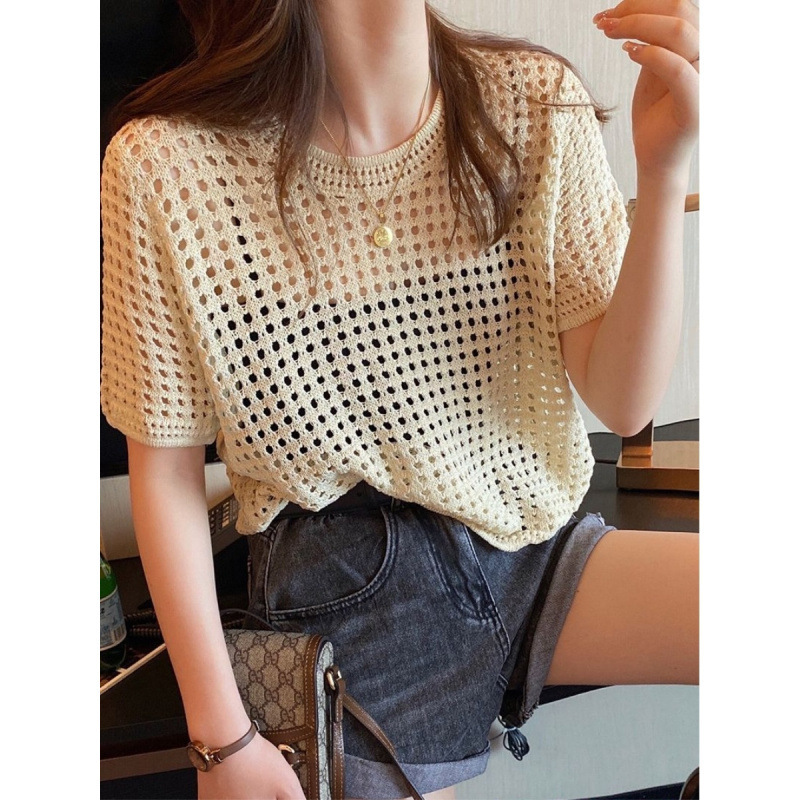 New Summer Women's Short-Sleeved Round Neck Mesh Hollow Blouse Fishnet Mesh Summer Thin Knitted Sweater