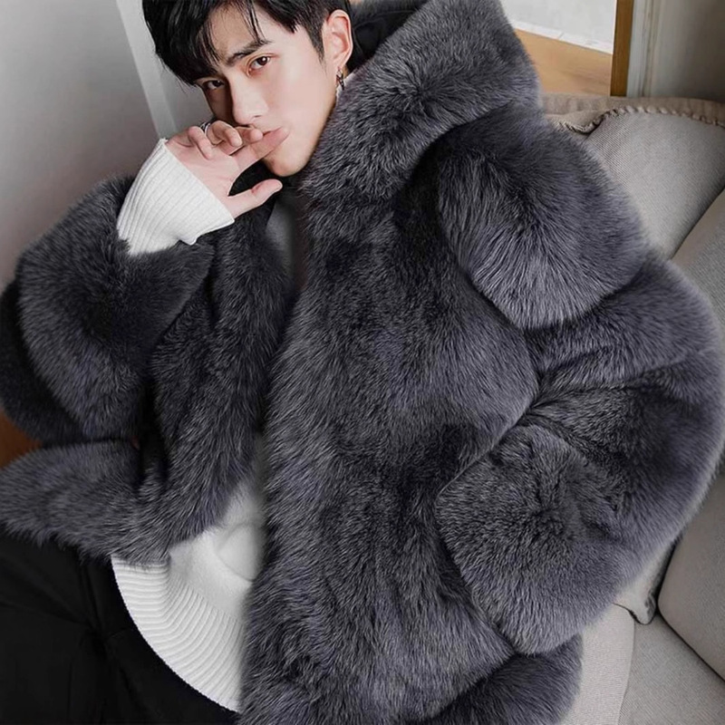 2024 Winter New Tuscan Fox Fur Coat Men's Full Leather Thickened Youth Hooded Imitation Fur Coat Trendy