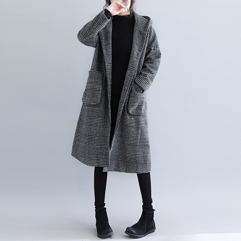 Abrigo de lana de longitud media con estampado de pata de gallo, estilo japonés y coreano, elegante, nuevo estilo de invierno 2024, 4 colores, talla grande, ropa para mujer