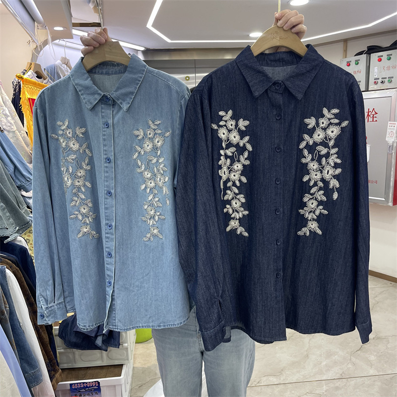 Aliexpress Cross-Border Heavy-Duty Beaded Embroidery Floral Denim Shirt for Women, Fashionable, Age-Reducing, Loose-Fitting, Versatile Cardigan Top