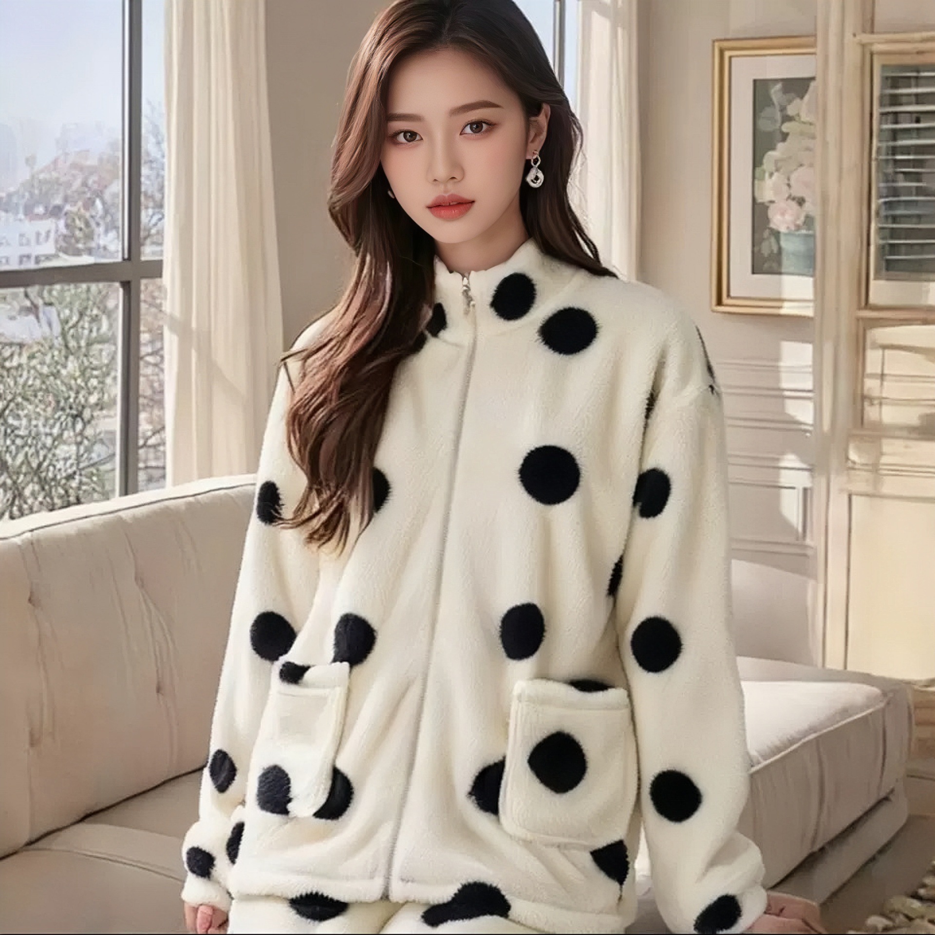 Pajamas for Women Autumn and Winter New Style Flannel Home Clothes Coral Velvet Thickeneded Polka Dot Zipper Thermal Clothing Set Can Be Worn Outside