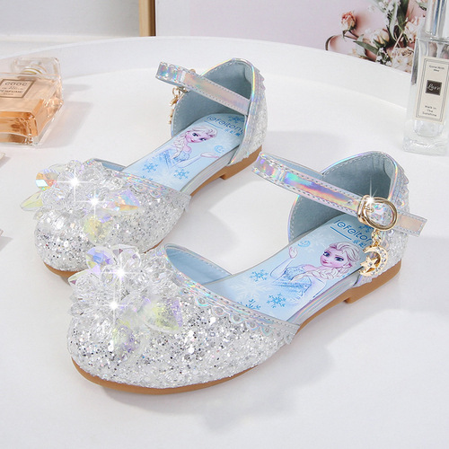 Princess Elsa Summer Fashion Girl Children Sandals Children Soft Sole Glitter Crystal Shoe Head Flat Flat Heels