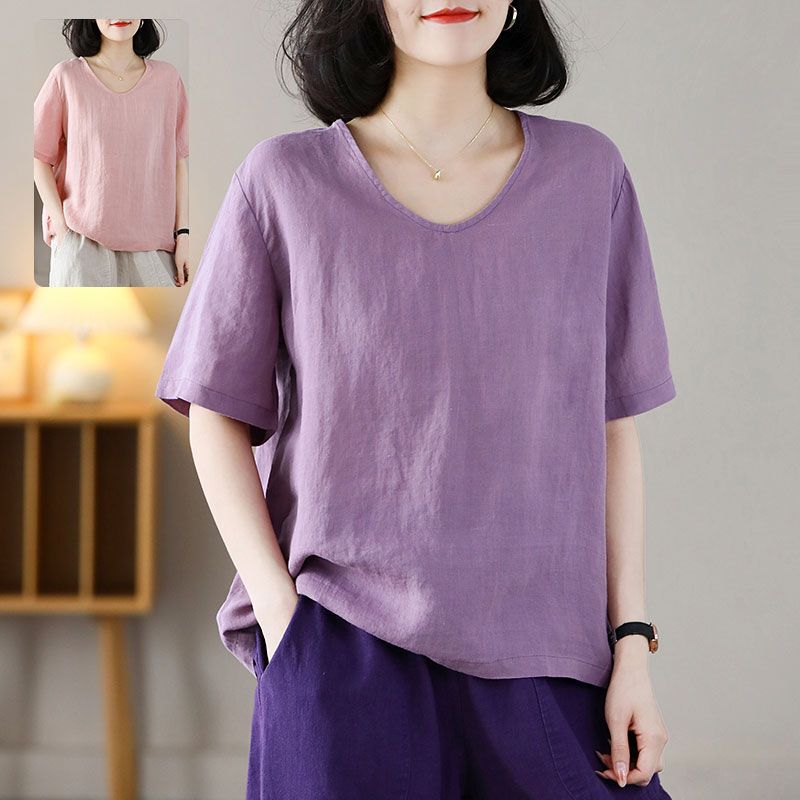 Women's Vintage Shirt Loose Cotton and Linen Round Neck Short-sleeved T-shirt Women's Guofeng Thin Shirt Solid Color All-match U-collar Shirt