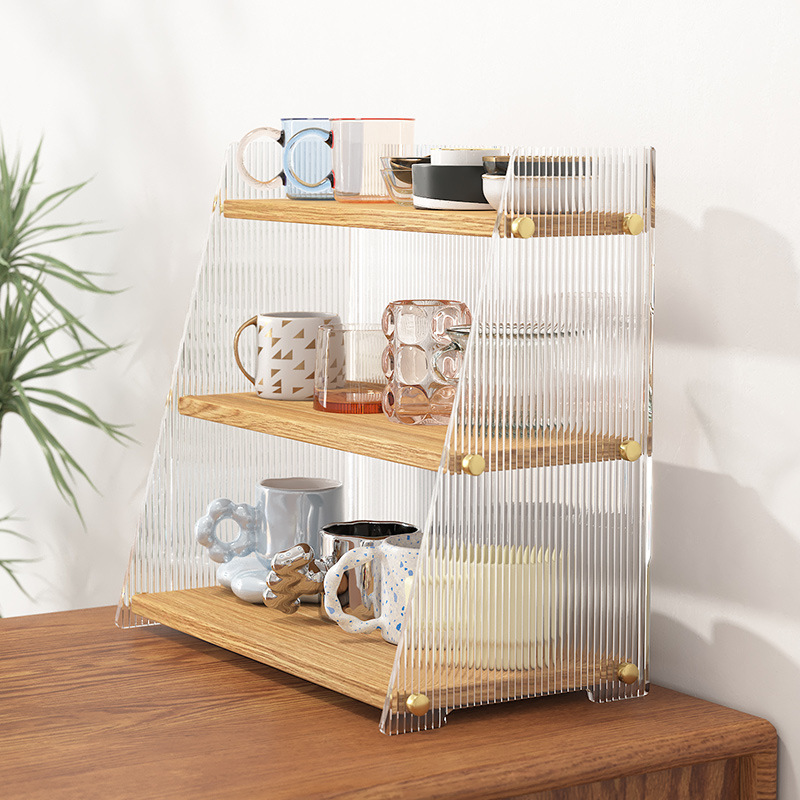 Nuevo estante de almacenamiento de aperitivos y tazas de cosméticos de escritorio acrílico simple, compartimento multicapa multiusos a prueba de polvo y humedad