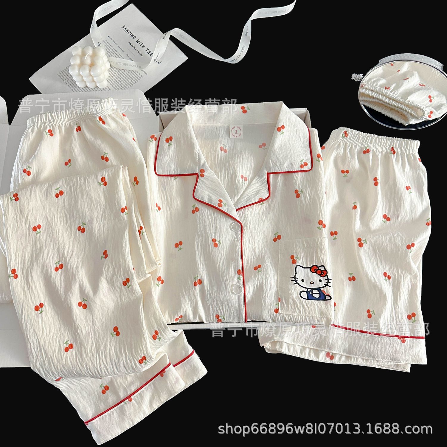 Hermosos pijamas de tela de rabu mujeres primavera y otoño verano nubes de algodón dulce mangas cortas pantalones cortos de tres piezas ropa para el hogar