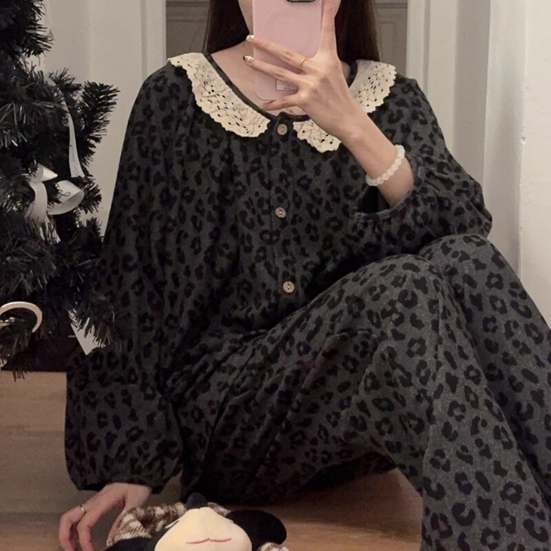 德绒睡衣女秋冬新款蕾丝花边豹纹灰色娃娃领公主风花边家居服套装|undefined