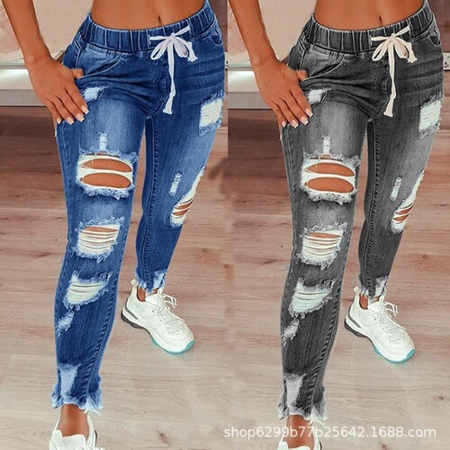 Women's High-Waisted Stretch Jeans with Frayed Hems and Lacing