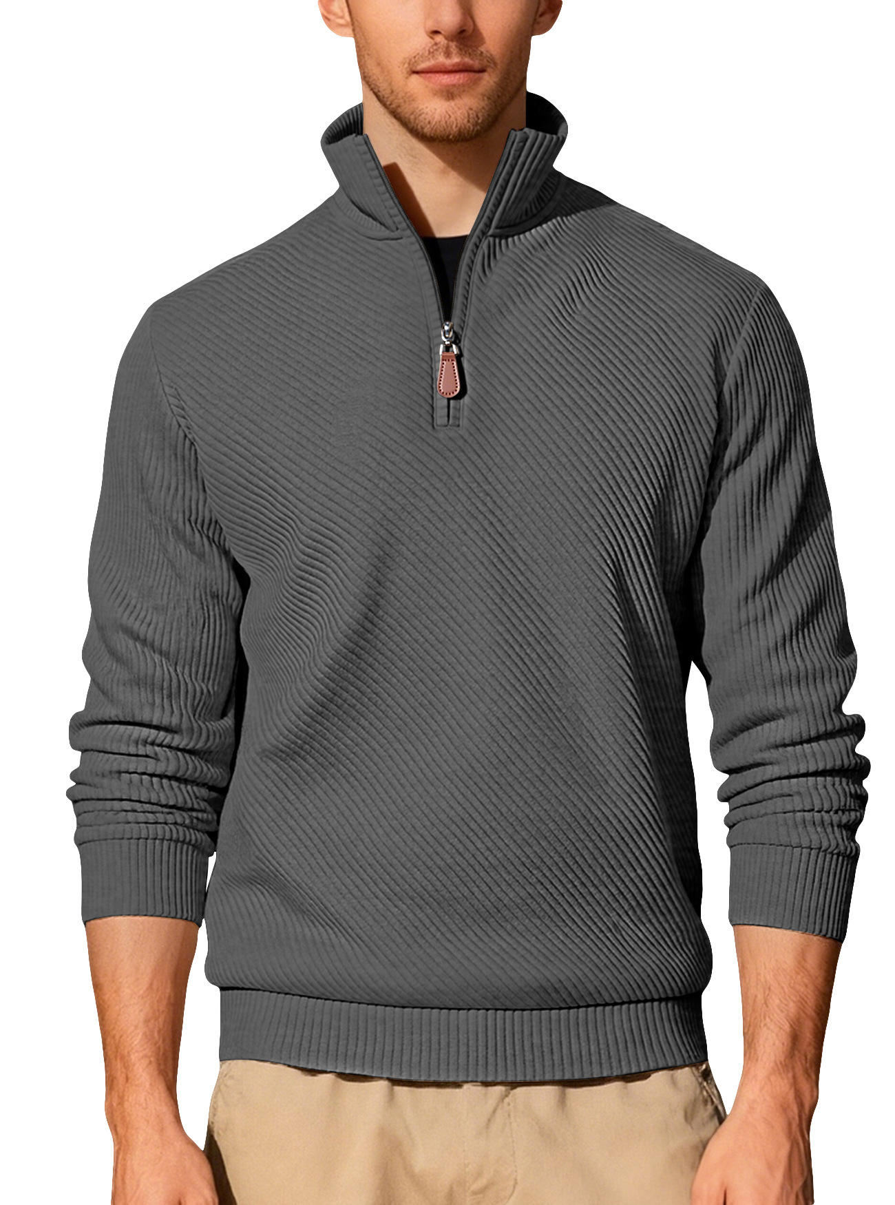 Amazon otoño y invierno nuevo color sólido transfronterizo hombre semi-cremallera velcro cuello casual camisa de manga larga en stock para hombres