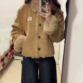 复古加绒加厚麂皮棉衣外套女冬季2025新款小个子翻领保暖短款上衣