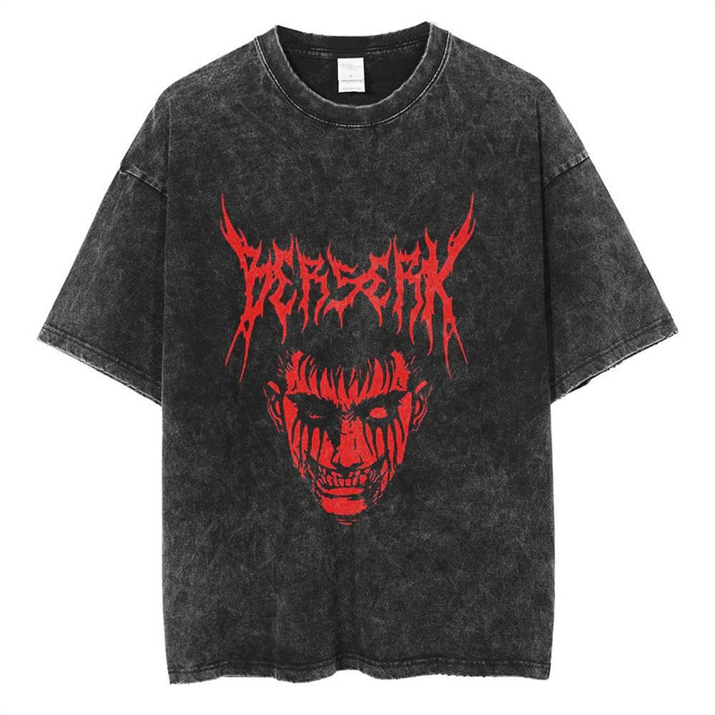 Vintage Washed T-Shirt Men Summer Japanese Anime 2024 Print