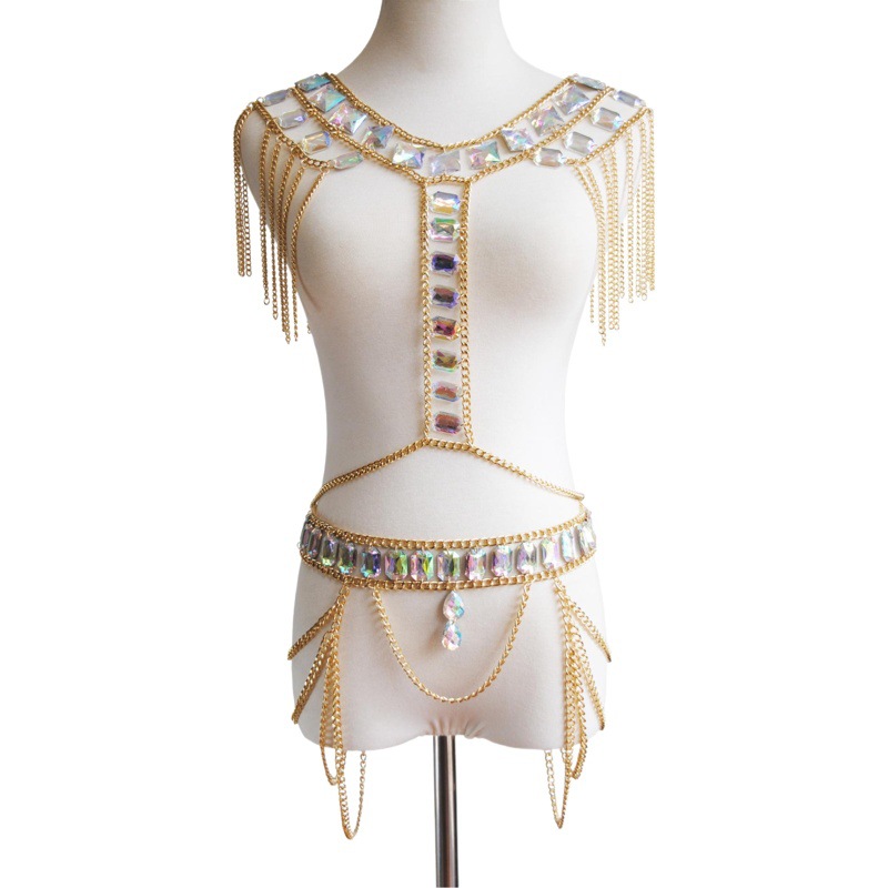 Conjunto de cadena corporal y de cintura con gemas, estilo europeo y americano, nuevo, sexy, con doble cadena de hombro, para discoteca, playa y orilla del mar.
