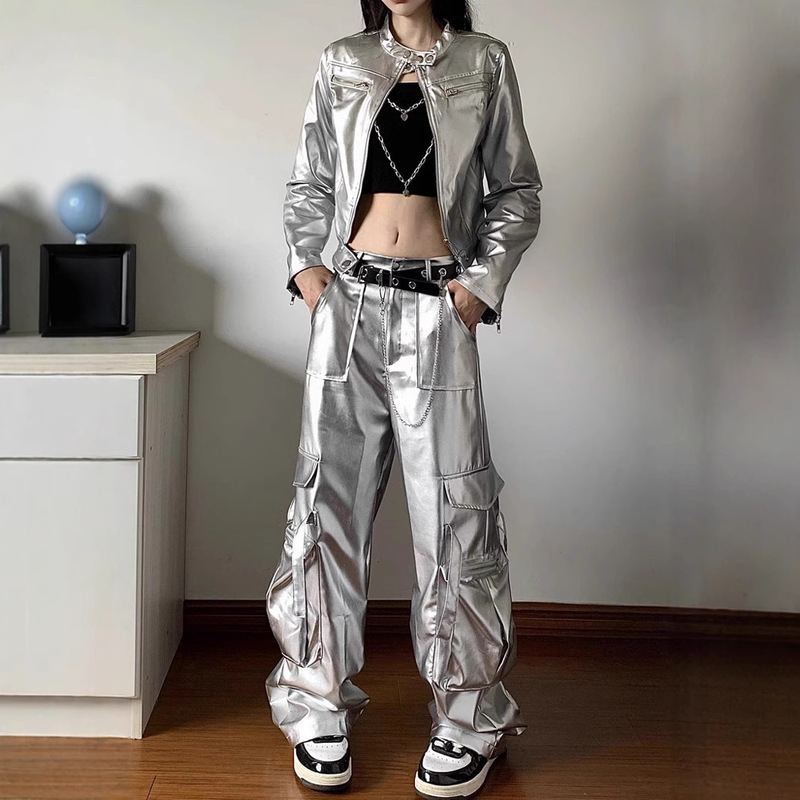 Handsome silver Workwear suit Women's Short Long-sleeved Jacket Chain Strapless Vest Wide-leg Pants Casual Pants Three-piece Set