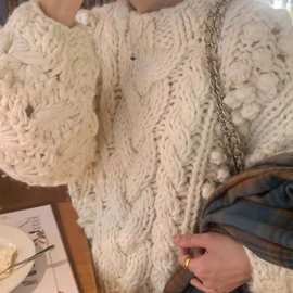 手工钩花重工棒针立体麻花圆领加厚针织毛衣外套上衣女