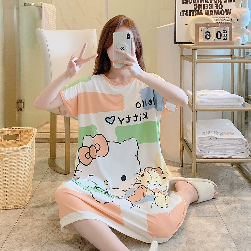 Пижама, тонкая брендовая юбка для отдыха, с коротким рукавом, oversize