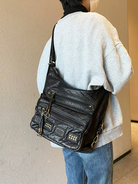 Retro Soft Old Washed Leather Bag, All Year Round Trendy and Cool Men's and Women's Punk Style Multi-Flap Pocket Pants Crossbody Bag with Shoulders