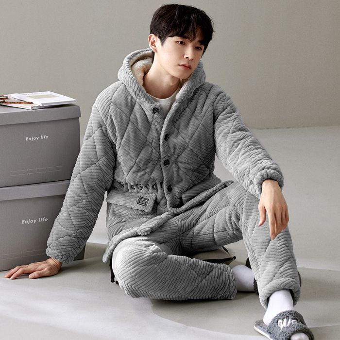 Winter Jacquard Cake Velvet Three-Layer Quilted Pajamas for Men Plus Velvet Thickened Warm Korean Style Home Wear Set