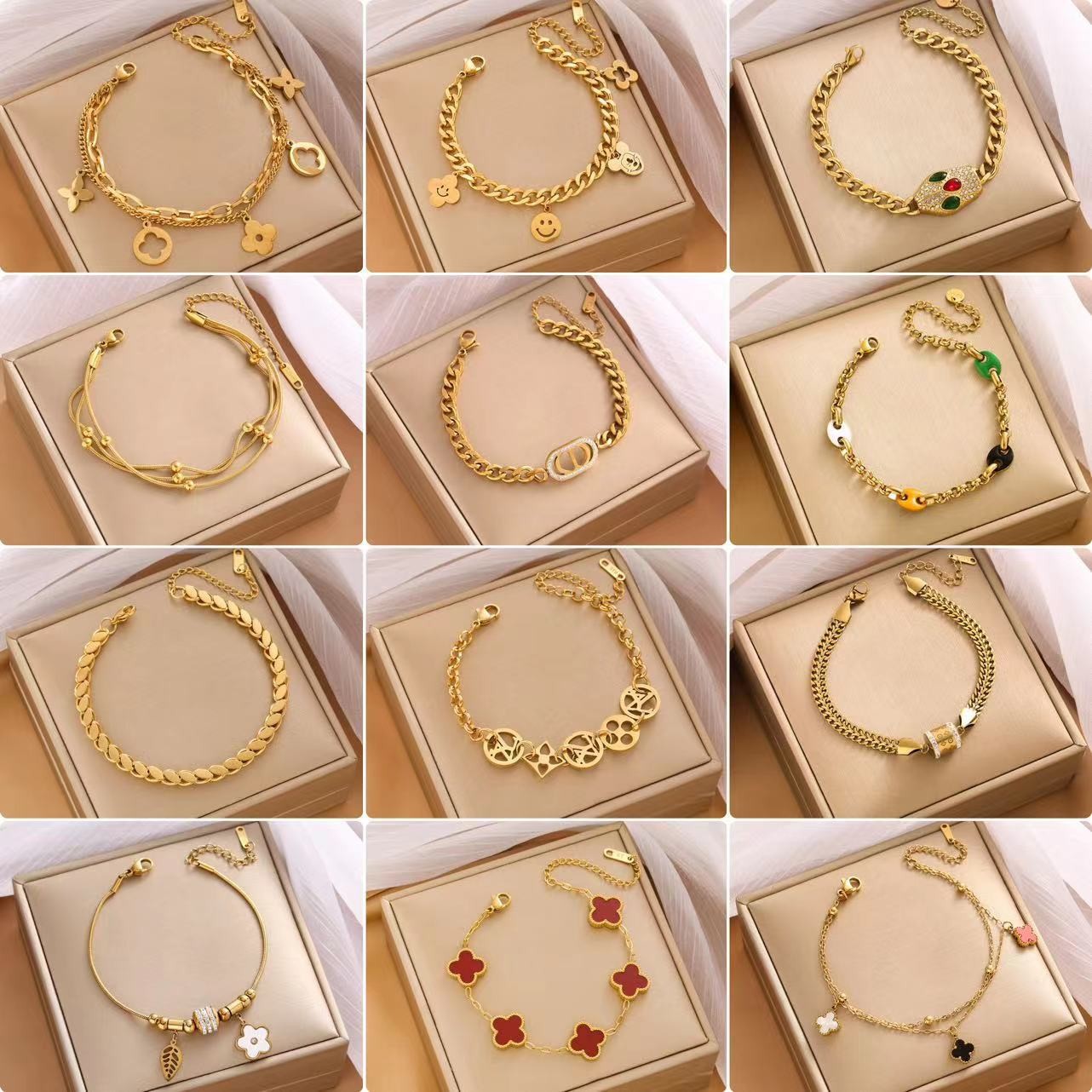 Pulsera de trébol de acero titanium vendedora caliente transfronteriza europea y americana con incrustaciones de concha pulsera colgante pulsera de diseño avanzado sin desvanecimiento al por mayor