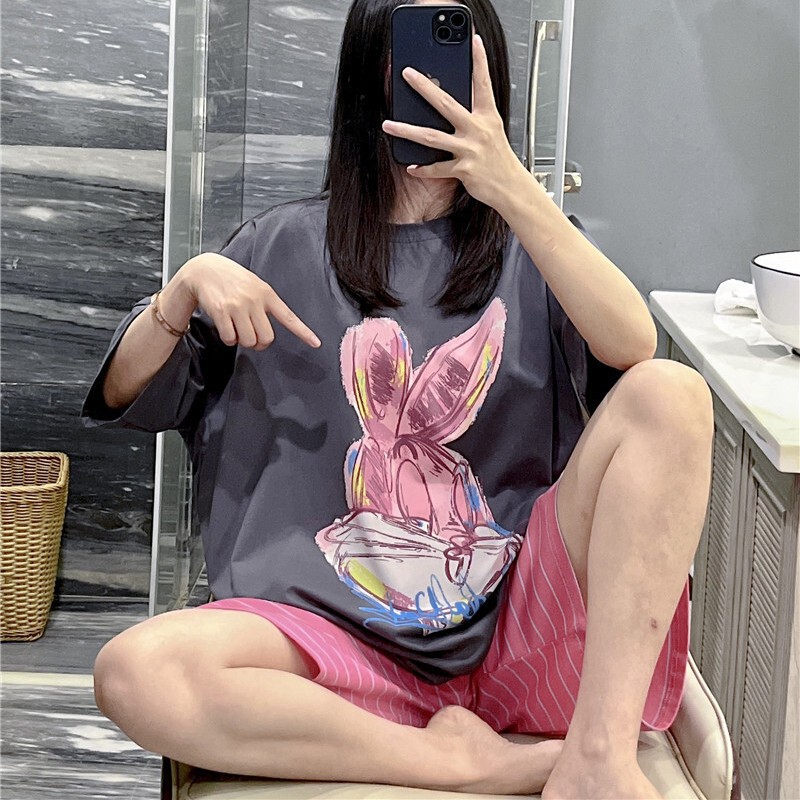 Internet Red Short-sleeved Pajamas Women's Summer Cute Rabbit Printed Home Clothes plus size Fat mm200 Jin Striped suit Internet Red Short-sleeved Pajamas Women's Summer Cute Rabbit Printed Home Clothes plus size Fat mm200 Jin Striped suit