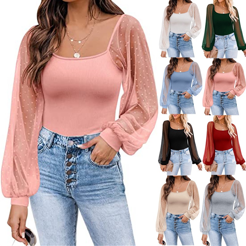 Top de Verano 2025 para Mujer, Estilo Europeo y Americano, Transparente, con Mangas Farol, Diseño de Parches, Ajustado