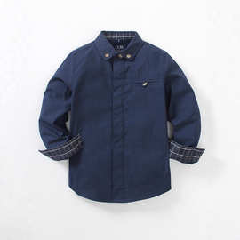 儿童衬衫新款中童宝蓝色长袖衬衫 休闲开袋设计薄款外贸男童衬衫