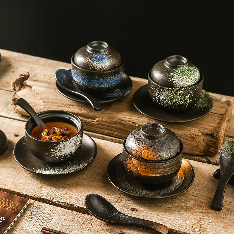Japanese-style Tableware Soup Cup with Lid Ceramic Soup Bowl Cover Bowl Egg Cup Stew Cup Dessert Bowl Porridge Bowl Household Rice Bowl Stew in Water