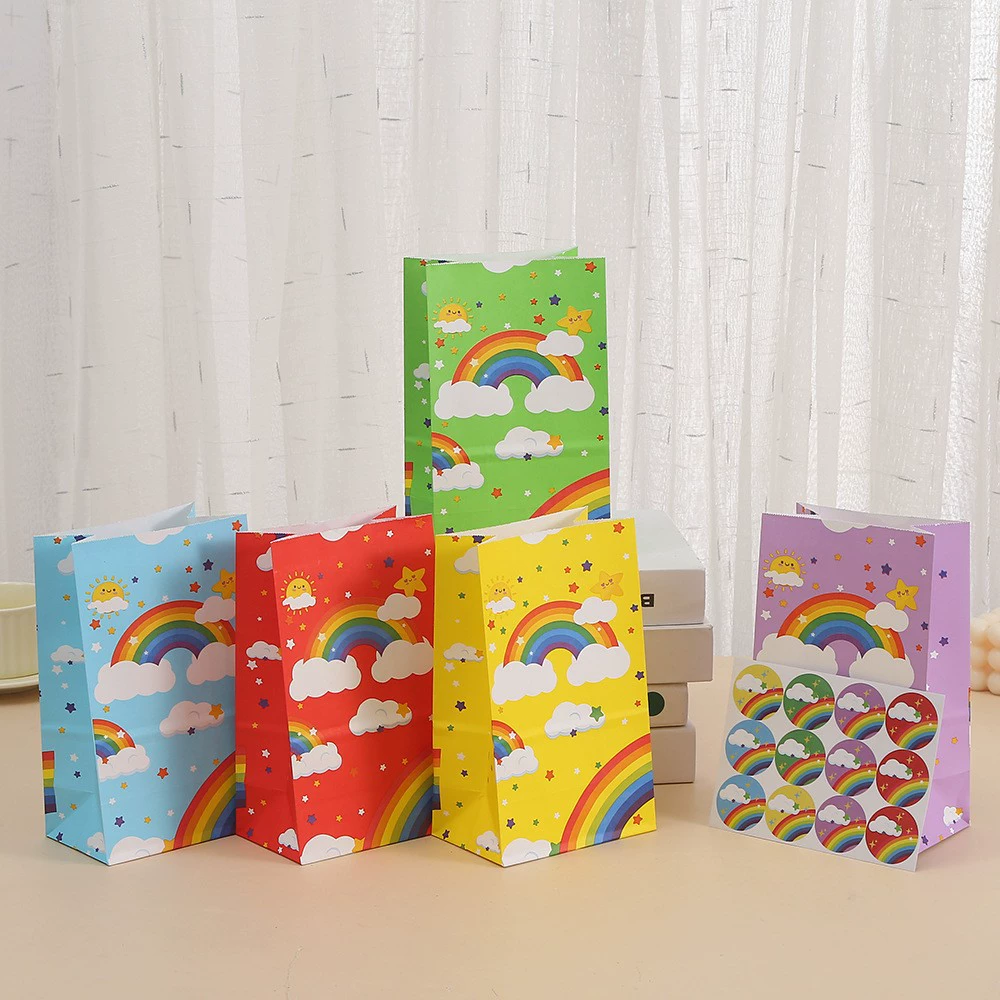 Подарочный пакет с наклейкой, сумочка, сумка для покупок, бумажный пакет серии «Радуга», упаковочный пакет из крафт-бумаги, упаковочный пакет для закусок с принтом