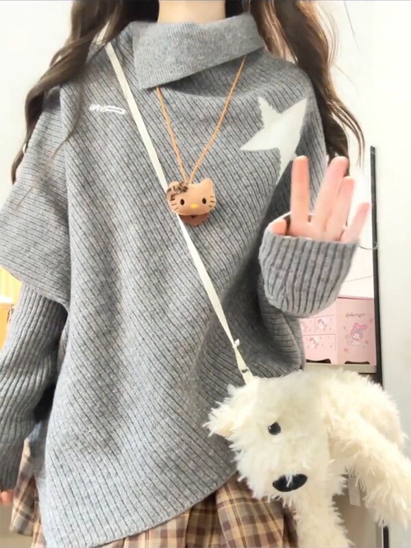 灰色高领斗篷上衣女新款设计感小众慵懒风不规则长袖针织衫毛衣女|undefined