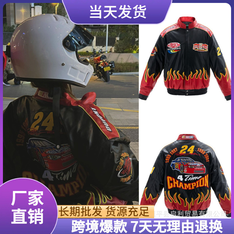 European and American High Street Trendy vintage Retro Letter LOGO Racing Embroidery Men's and Women's Biker Jacket Coat