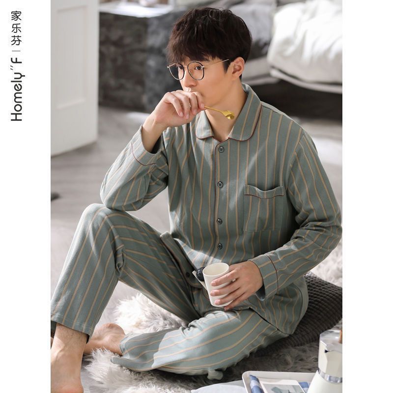 Pijamas de algodón para hombres primavera y otoño ropa de hogar de manga larga para hombres set de cuatro estaciones