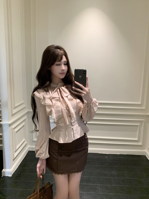 适美设计感双层荷叶边长袖衬衫女装秋季显瘦半身裙短裙两件套|undefined