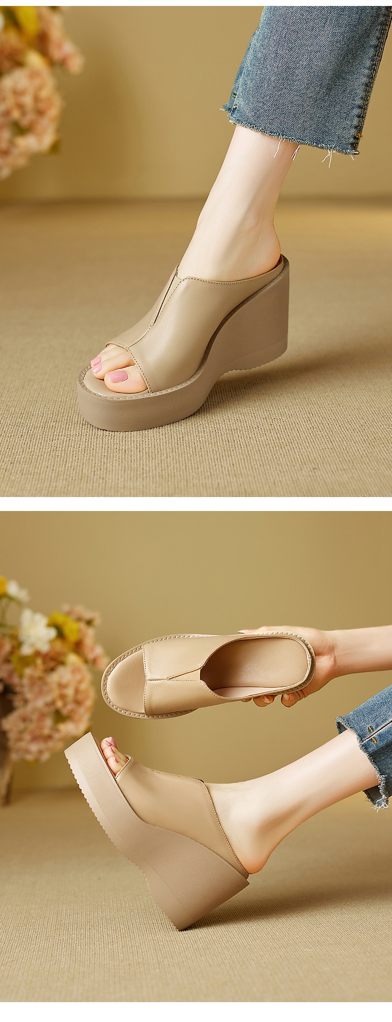 Dép sandal cao gót nữ mũi cá, đế xuồng dày, quai ngang, gót 8 cm — đen chi tiết 4