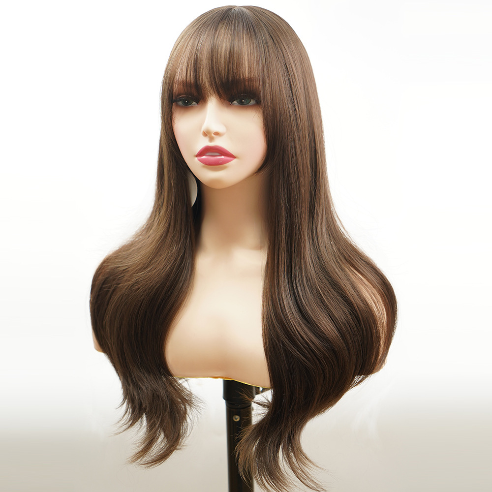 Perruques américaines perruques en fibres chimiques frange d'air brune légèrement bouclée cheveux longs bouclés fil à haute température couvre-chef complet_voghion.com