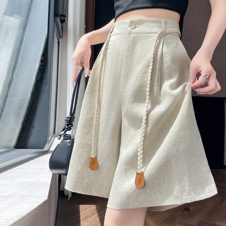Tencel Linen Suit Shorts for Women, Summer Thin Style, 2026 New Model, Loose Breathable Ice Silk Cotton Linen Wide-Leg A-Line Five-Point Length
