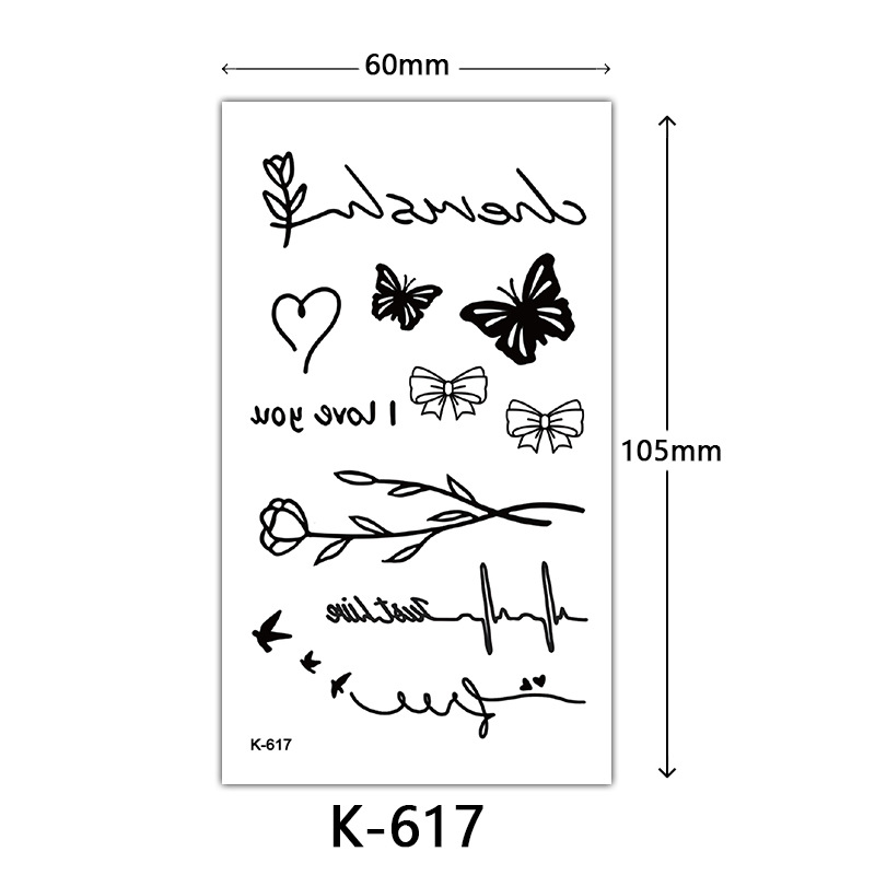 Pequeñas pegatinas de tatuaje frescas letras inglesas flores mariposas líneas de boceto pegatinas de tatuaje impermeables tatuaje