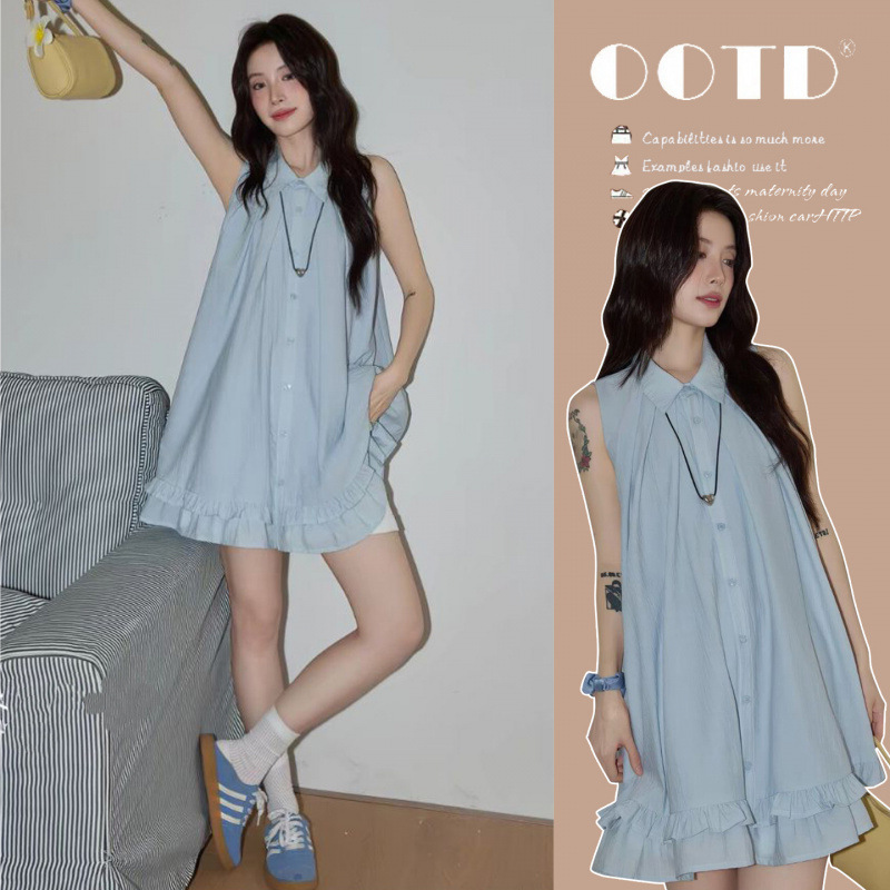 Maternity Wear 2026 Summer New Style Petite Sleeveless Shirt Dress with Relaxed Fit, Ruffled Edges, and Slimming A-Line Skirt
