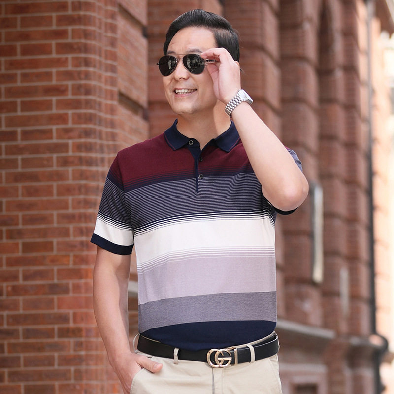 Camiseta de manga corta de seda de hielo de verano de papá camiseta de solapa de hombre de mediana edad suelta camisa de fondo de hombre de mediana edad y anciano