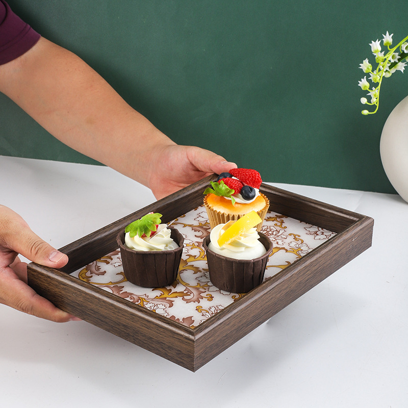 实木盘餐盘花卉蓝长方形盘中国风茶盘日式复古风平盘餐桌托盘家用