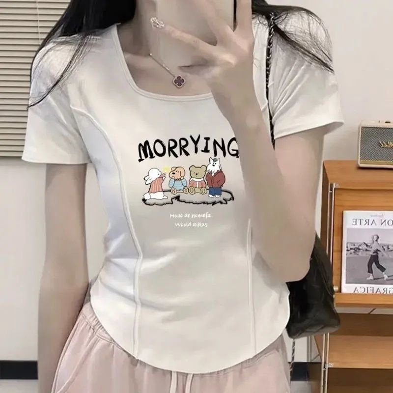 西洋風フィッシュボーン大きいサイズ半袖レディーススクエアカラーショートヨーロピアンスタイル甘い非対称カーブ痩身ニッチTシャツイントレンド|undefined