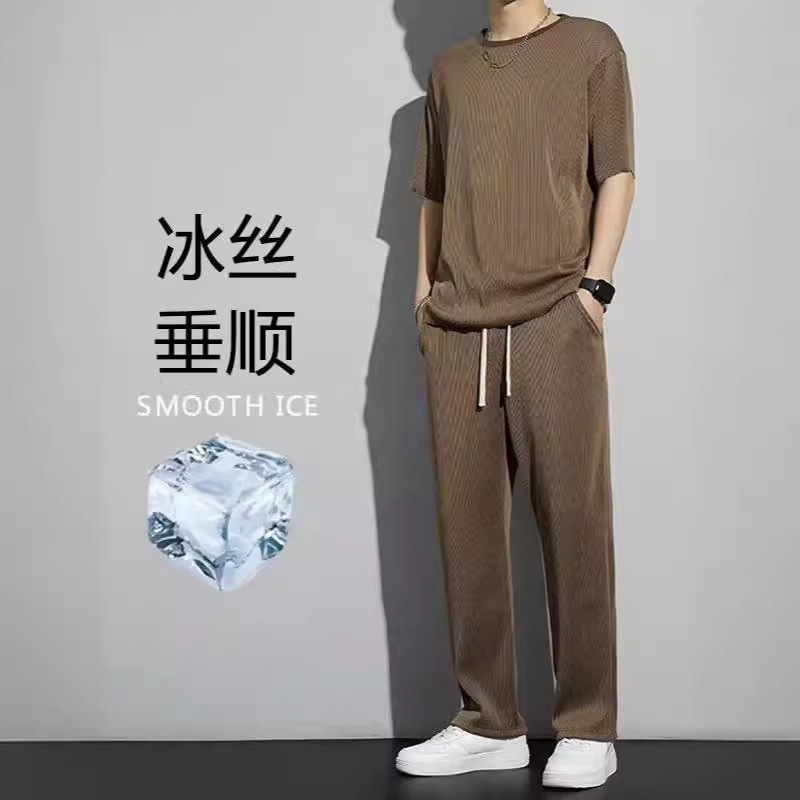 Heavy Draped Ice Silk SuiT Men's Summer Simple EleganT ShorT-sleeved T-shirT PanTs BreaThable Casual SporTswear