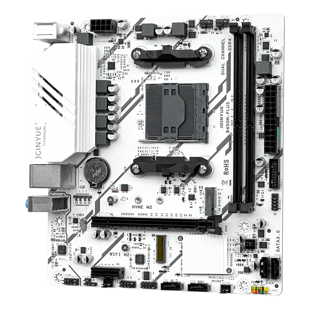 Материнская плата JGINYUE B450M PLUS (AM4) — DDR4 2 слота, M.2 NVMe, Realtek гигабит