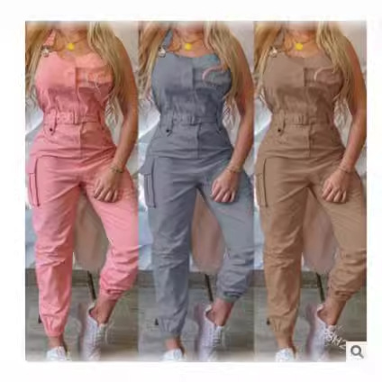 European and American-style women's utility-pocket design jumpsuit—sleeveless overalls with ankle-tight fit and a matching belt