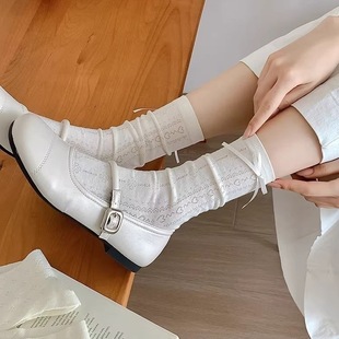 Bow Thin Lolita Mid-Calf Socks Spring and Summer Side Ribbon Heart Cut Out Mesh Cream Pile Socks