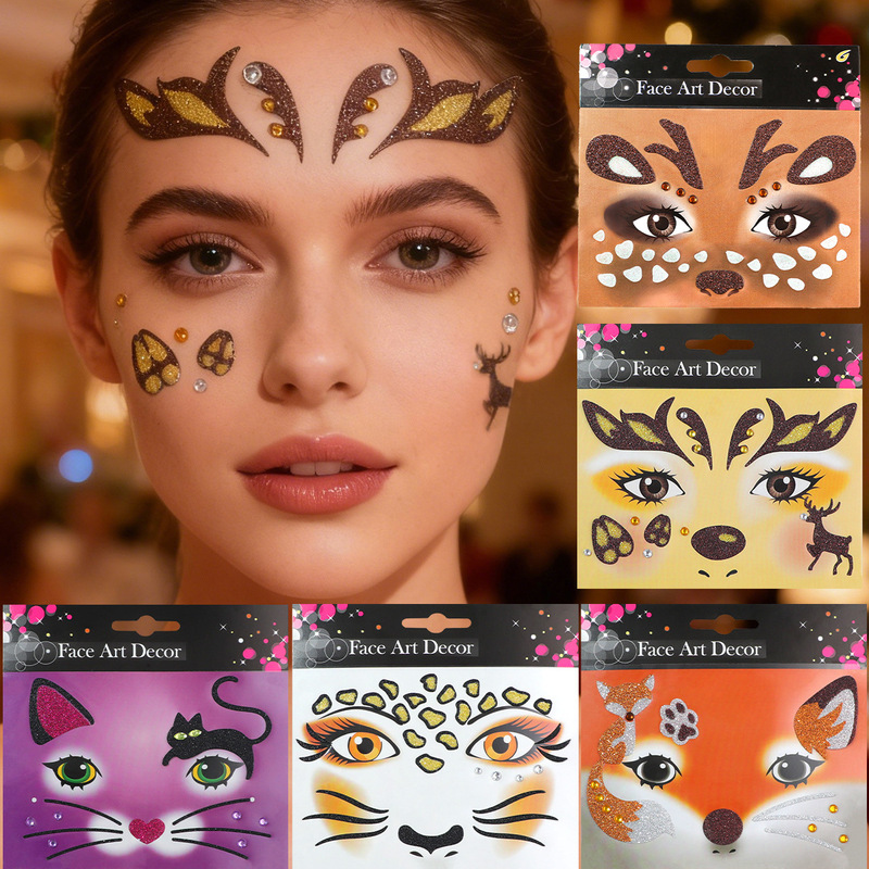 Cross-Border New Product Party Rhinestone Face Stickers Stage Makeup Face Stickers Christmas Deer, Deer, Leopard Print Stage Makeup Face Stickers Cross-Border New Product Party Rhinestone Face Stickers Stage Makeup Face Stickers Christmas Deer, Deer, Leopard Print Stage Makeup Face Stickers