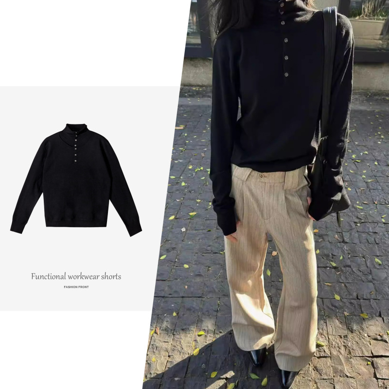 【Jmwh】Succinct Blended Double-Layer Buttoned Rolled Collar Long-Sleeved Sweater Men's Cardigan Knit Jacket 【Jmwh】Succinct Blended Double-Layer Buttoned Rolled Collar Long-Sleeved Sweater Men's Cardigan Knit Jacket