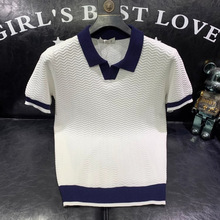 夏季新款撞色翻领冰丝短袖T恤男时尚潮流个性百搭休闲打底针织衫