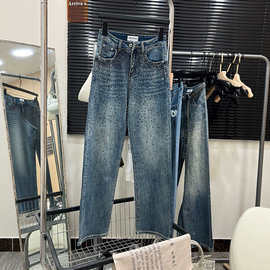 mm25早春新款高腰显瘦重工满天星烫钻绣花牛仔裤