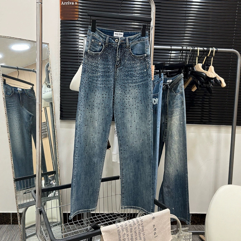 Mm25 Early Spring New High-Waisted Slimming Look Heavy-Duty Baby's Breath Hot Diamond Embroidered Jeans