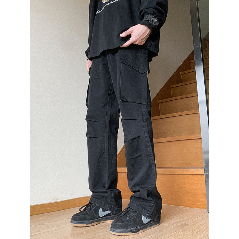 Pantalones americanos de moda masculinos rectos y sueltos de alta calle retro de piernas anchas de tope de piso de micro cuerno pantalones de trabajo casuales